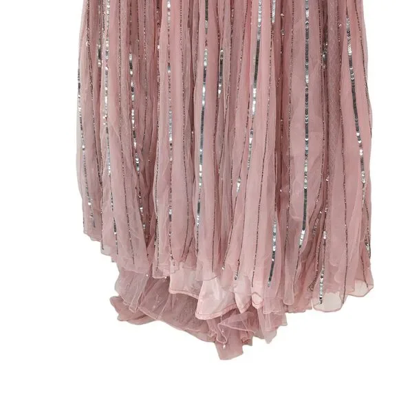 Mac Duggal Women 6 Striped Sequin V Neck Gown Rose Pink Beading 70108 NEW FLAW